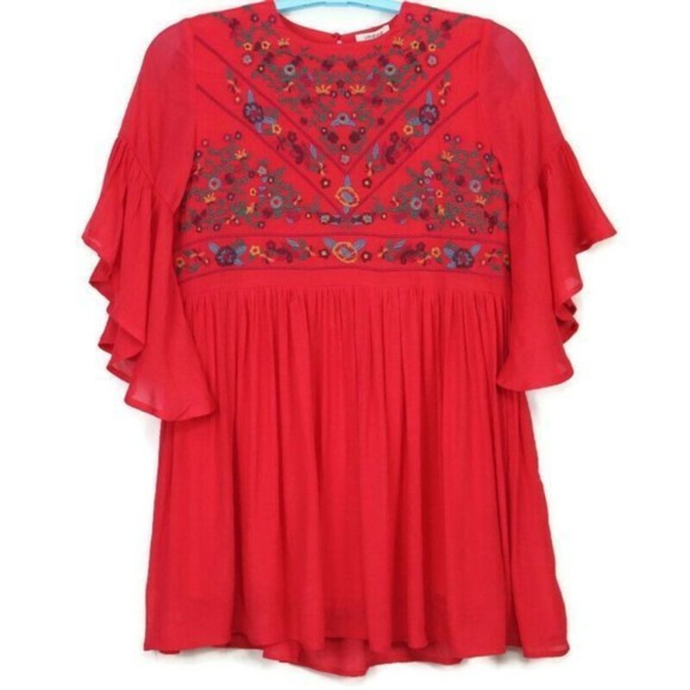 Umgee Boho Babydoll Short Mini Dress Red‎ Floral Embroidered S Small